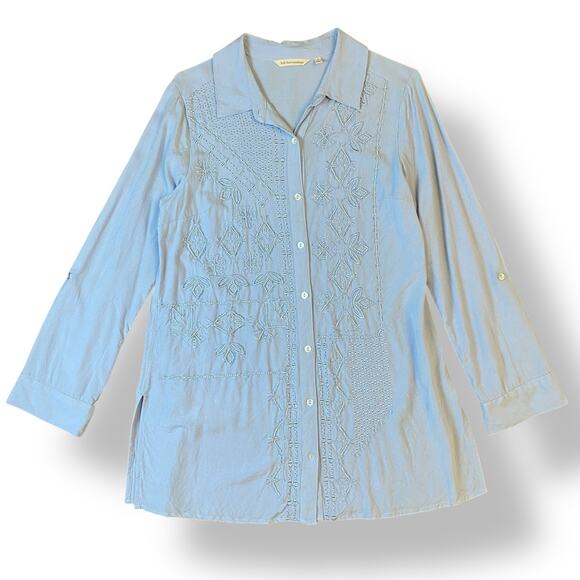 Soft Surroundings Button Front Embroidered Shirt Womens Size S Blue Boho - Picture 1 of 8